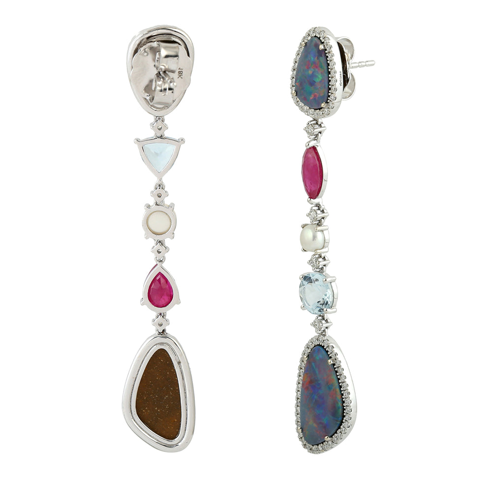 Natural Pave Diamond Opal Doublet Pearl Ruby Long Drop 18k White Gold Earrings Gift