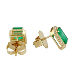 Emerald Cut Emerald Pave Diamond Halo Stud Earrings In 18k Yellow Gold