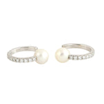 Natural Pearl Diamond Huggie Earrings In 14k White Gold