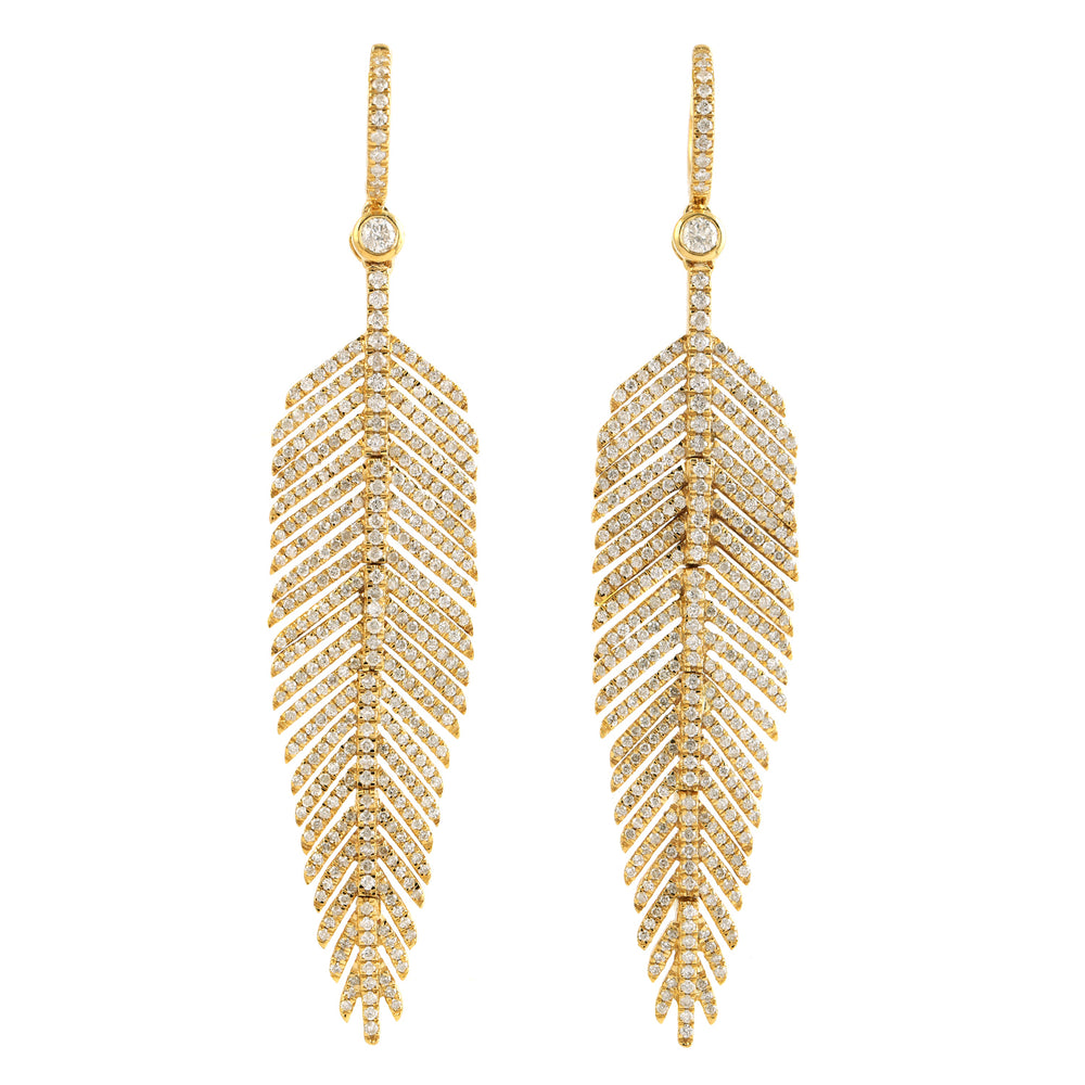 Micro Pave Diamond Leaf Design Danglers In 14k Yellow Gold