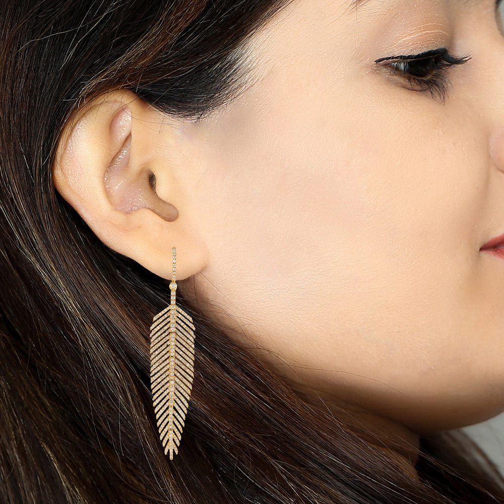 Micro Pave Diamond Leaf Design Danglers In 14k Yellow Gold