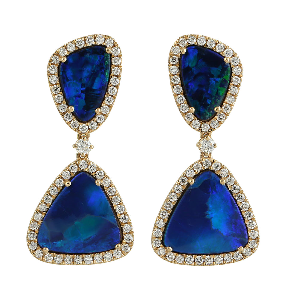 Trillion Opal Doublet Diamond Handmade 18k Yellow Gold Danglers