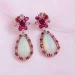 Opal Ethopian Ruby Sapphire Diamond Designer Danglers For Her In 18k Yellow Gold