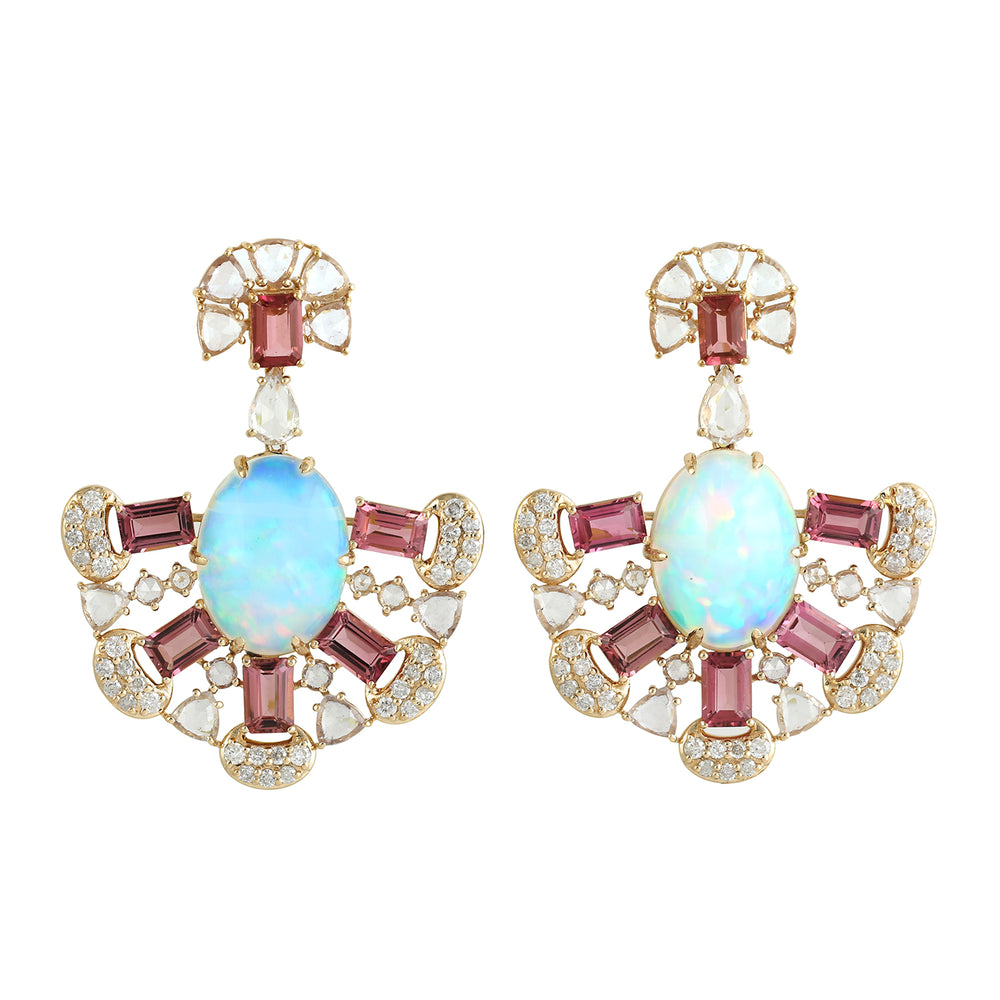 Opal Ethiopian Sapphire Tourmaline Diamond Beautiful Danglers In 18k Yellow Gold