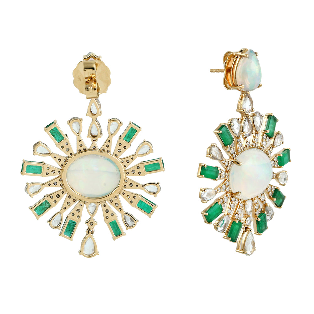 Opal Ethiopian Emerald Pave Diamond Sapphire Sunburst 18k Gold Danglers