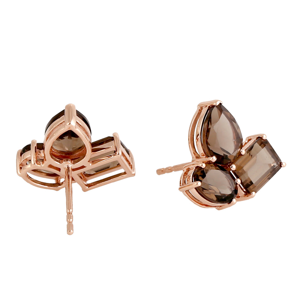 Natural Quartz Smokey Three Stone Stud Earrings In 18k Rose Gold