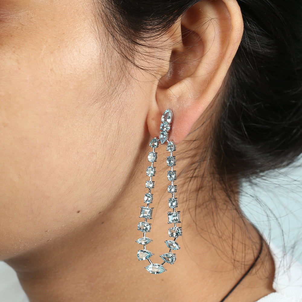 Natural Aquamarine Long Drop Danglers 18k White Gold