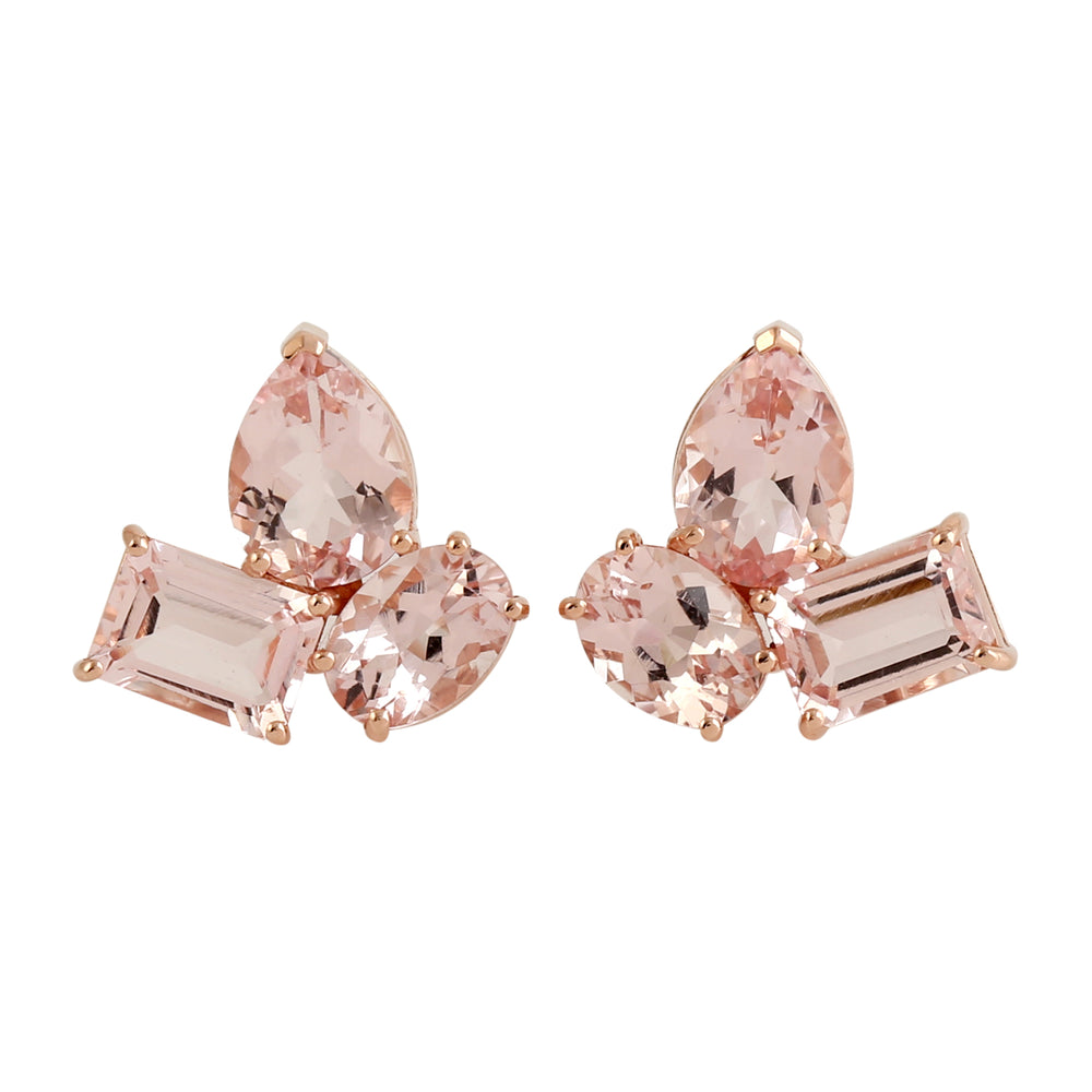 Natural Morganite Three Stone Stud Earrings In 18k Rose Gold