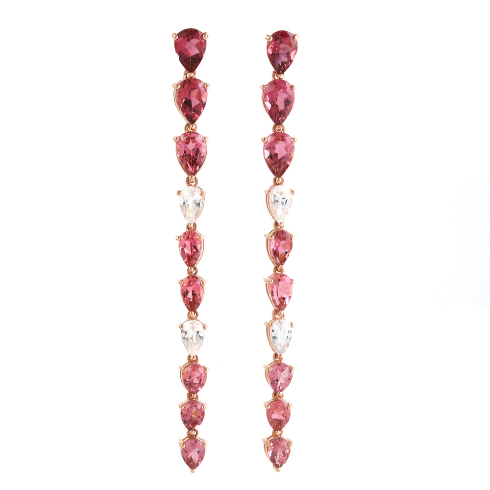 Pear Cut Tourmaline Diamond Long Drop Delicate Earrings In 18k Rose Gold