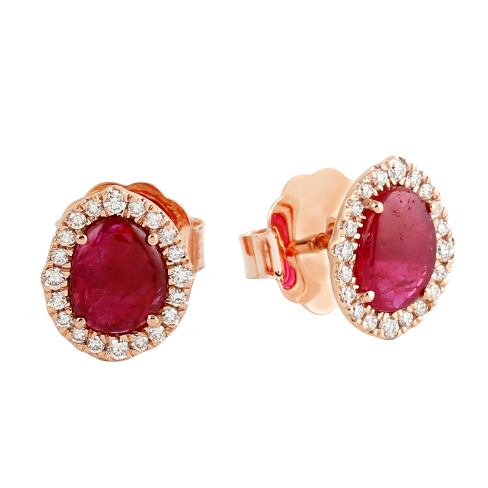 Natural Ruby Diamond Halo Stud Earrings In Solid 18k Rose Gold