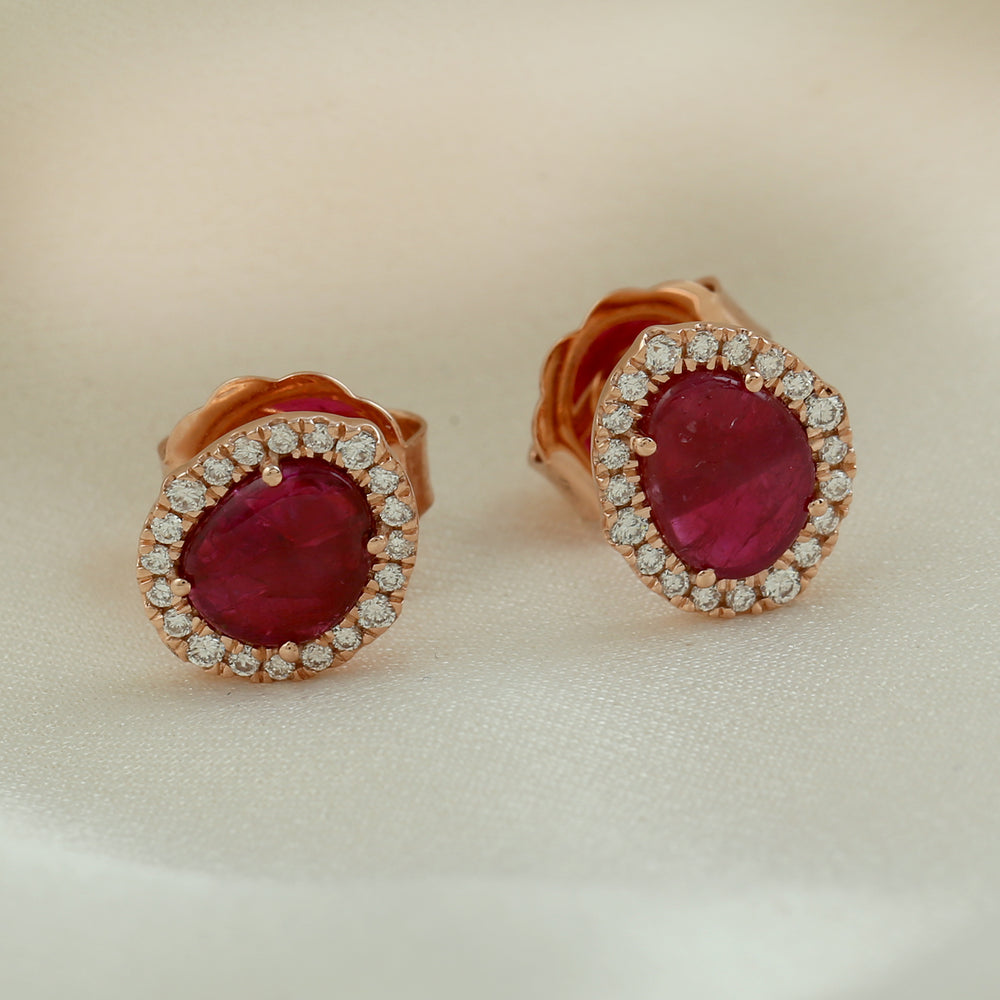 Natural Ruby Diamond Halo Stud Earrings In Solid 18k Rose Gold