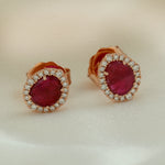 Natural Ruby Diamond Halo Stud Earrings In Solid 18k Rose Gold