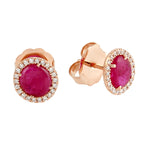 Solid 18k Rose Gold Natural Ruby Diamond Halo Stud Earrings