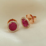 Solid 18k Rose Gold Natural Ruby Diamond Halo Stud Earrings