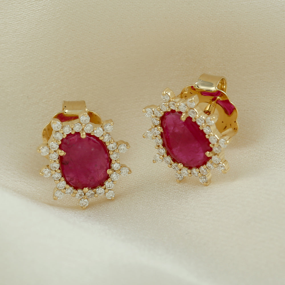 Solid 18k Rose Gold Natural Ruby Diamond Star Burst Halo Stud Earrings