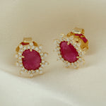 Solid 18k Rose Gold Natural Ruby Diamond Star Burst Halo Stud Earrings