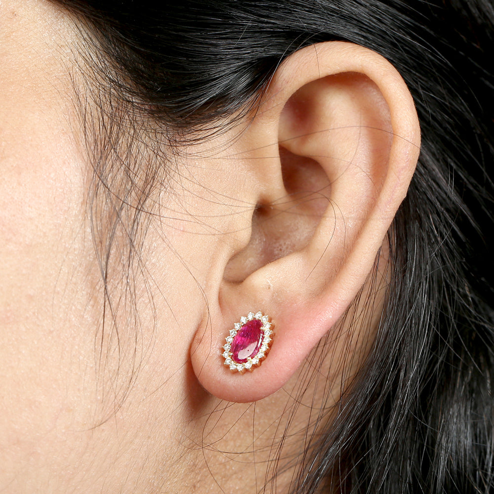 Solid 18k Rose Gold Natural Ruby Diamond Oval Halo Stud Earrings