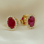 Solid 18k Rose Gold Natural Ruby Diamond Oval Halo Stud Earrings