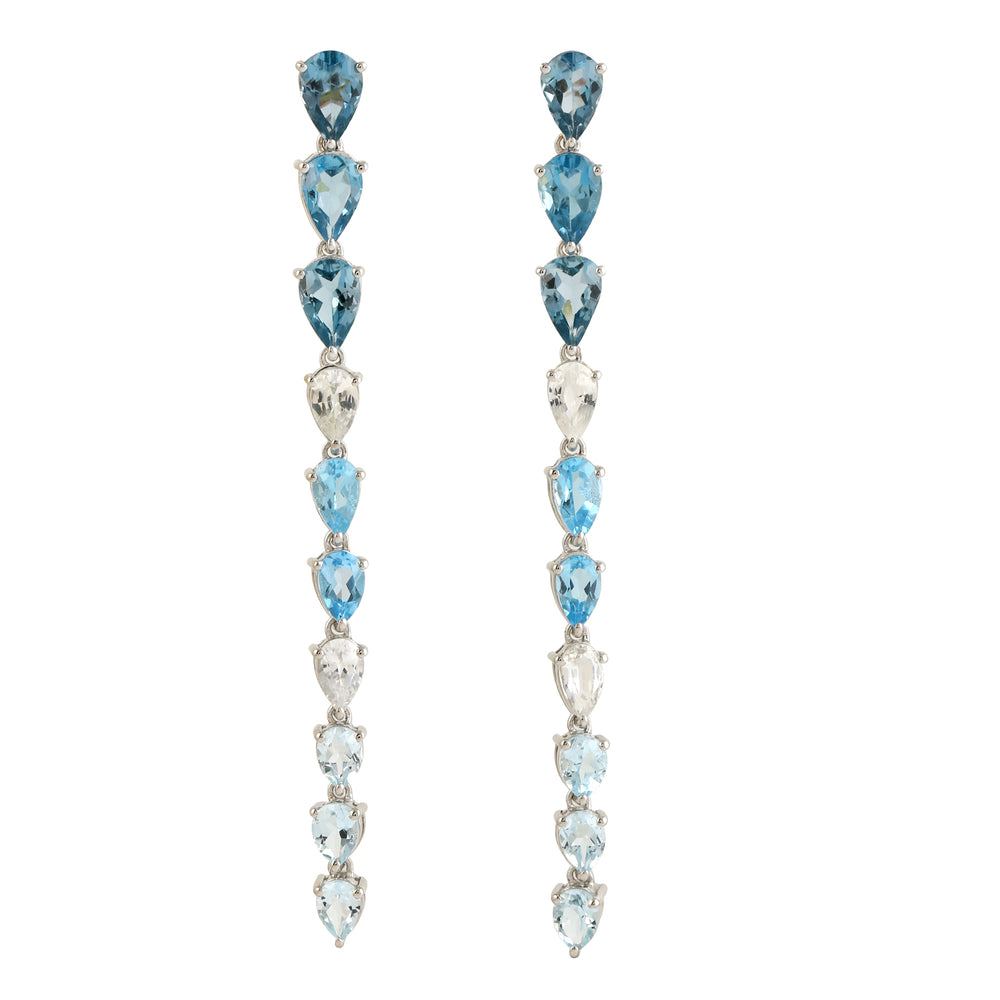 Pear Cut Topaz Sapphire Long Drop Danglers In 18k White Gold