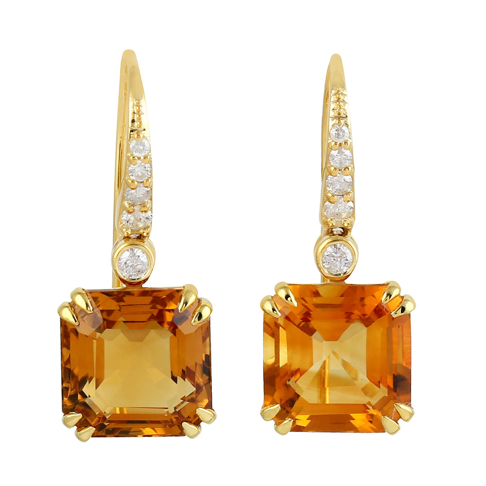 Natural Diamond Citrine Designer Hook Earrings In 14k Yellow Gold