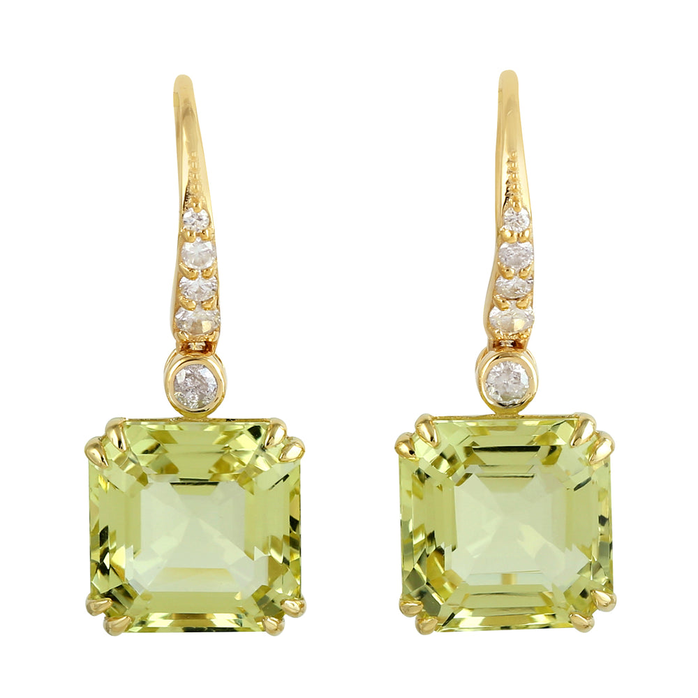 Natural Diamond Quartz Designer Hook Earrings In 14k Yellow Gold