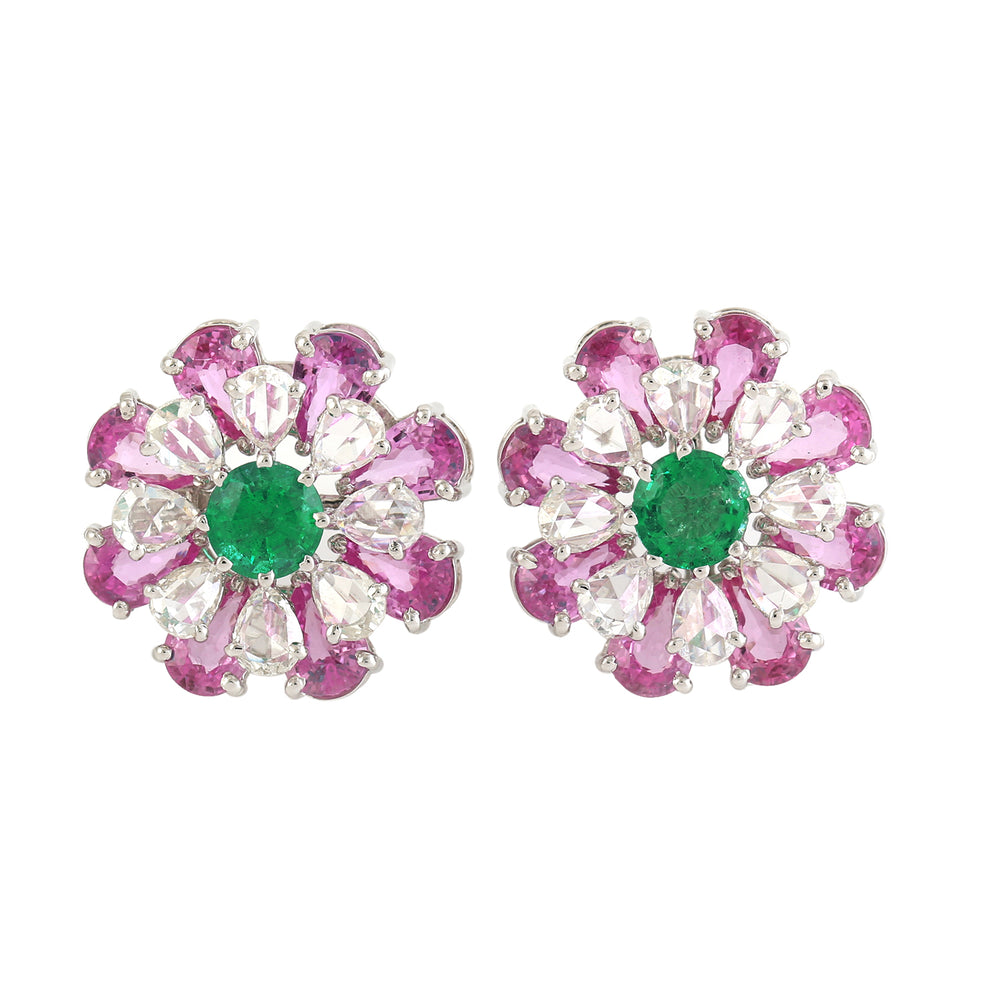 Pink Sapphire Emerald Diamond Daisy Stud 18k White Gold Jewelry