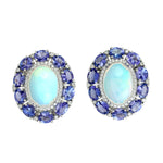 Natural Oval Opal Pave Diamond Oval Stud Earrings 18k White Gold