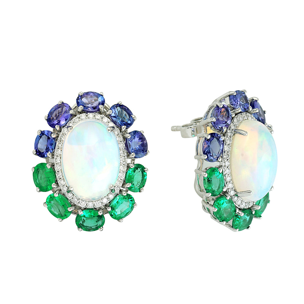 Opal Ethopian Tanzanite Emerald Handmade 18k White Gold Earrings Jewelry