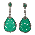 925 Sterling Silver Natural Emerald Carving Jade Diamond Dangle Earrings Jewelry