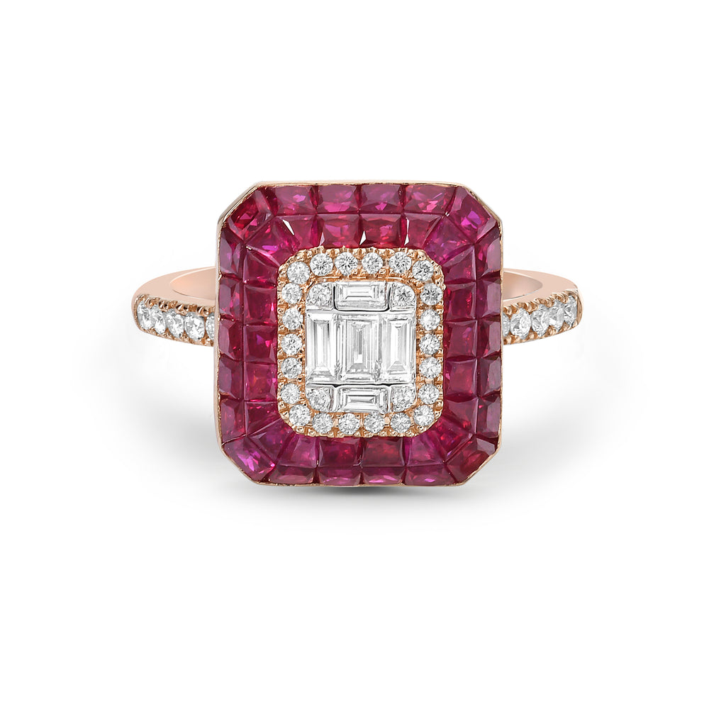 Natural Ruby Diamond Octagon Shap Cocktail Ring In 18k Rose Gold