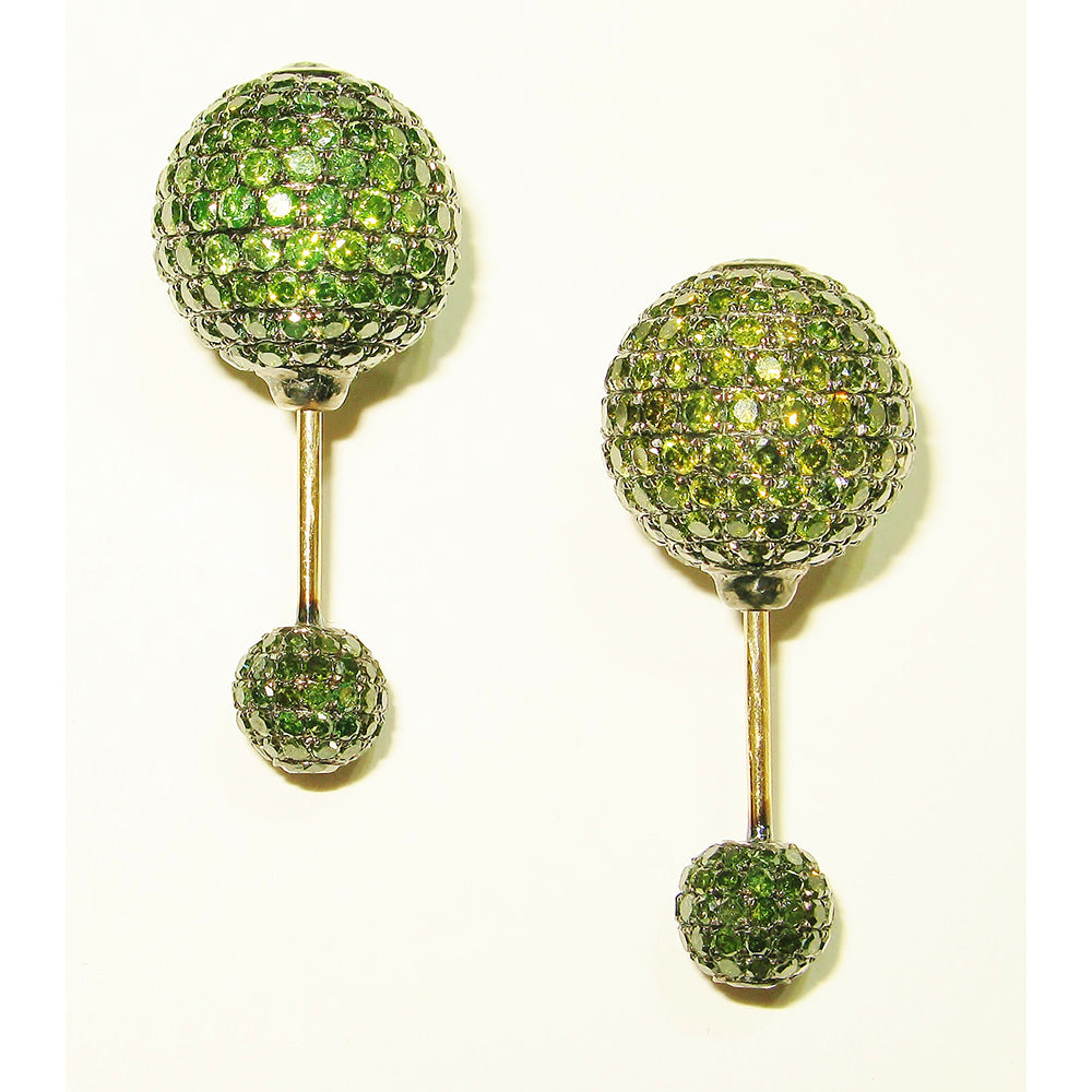 Green Diamond Pave Double Sided Earrings 14k Solid Gold Women Fine Jewelry