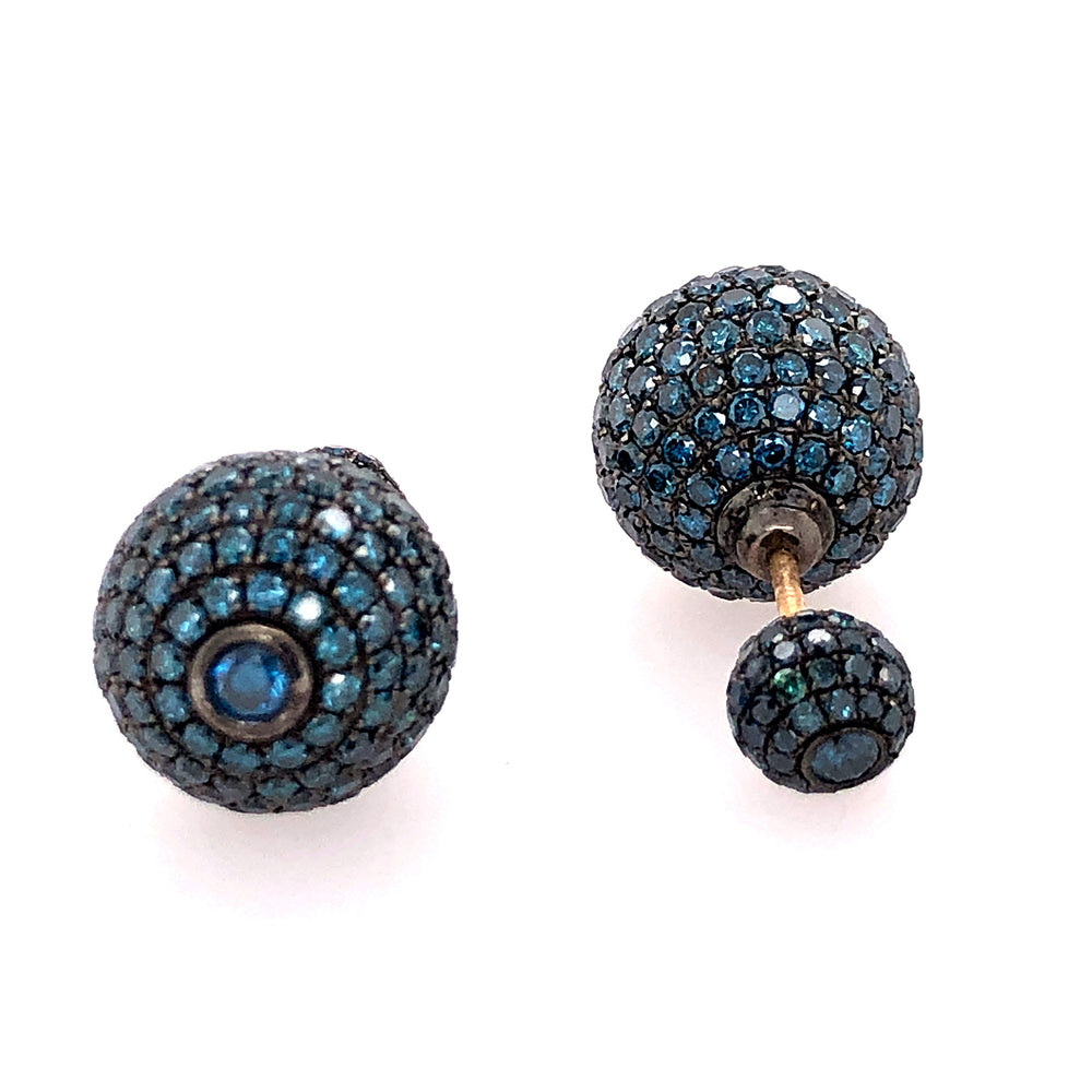 Bead Ball Double Sided Earrings Pave Diamond 14k Solid Gold Women Jewelry