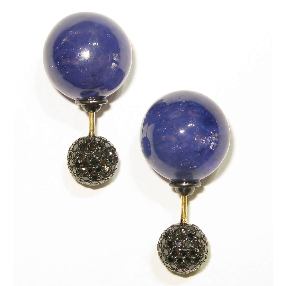 18k Solid Gold Black Diamond Tanzanite Double Sided Earrings Handmade Jewelry