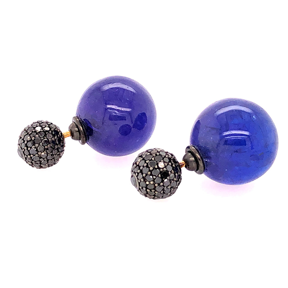 18k Solid Gold Black Diamond Tanzanite Double Sided Earrings Handmade Jewelry